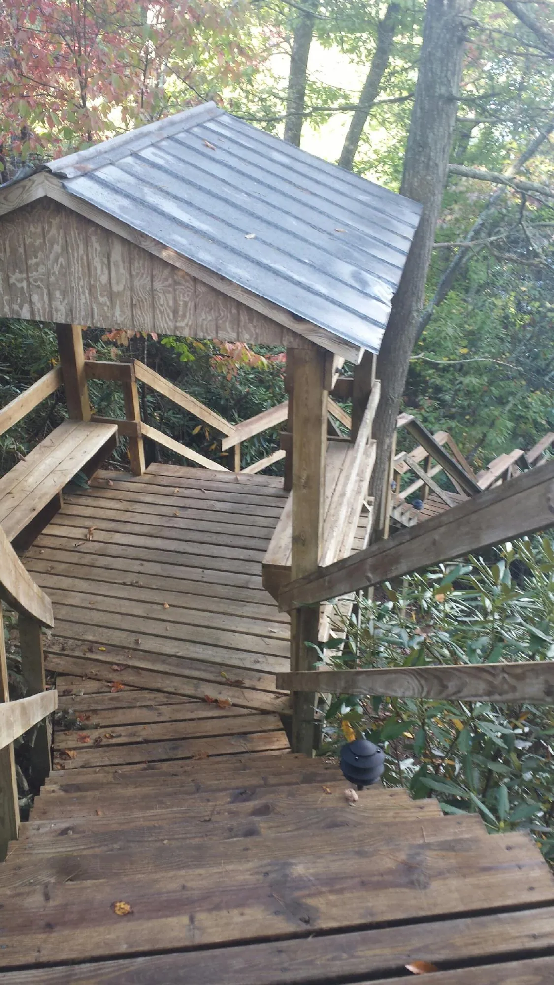 Metal roofed shelter over wooden steps on a wooded walkway — Skylight Repair & Installation work by our crew in Winter Springs